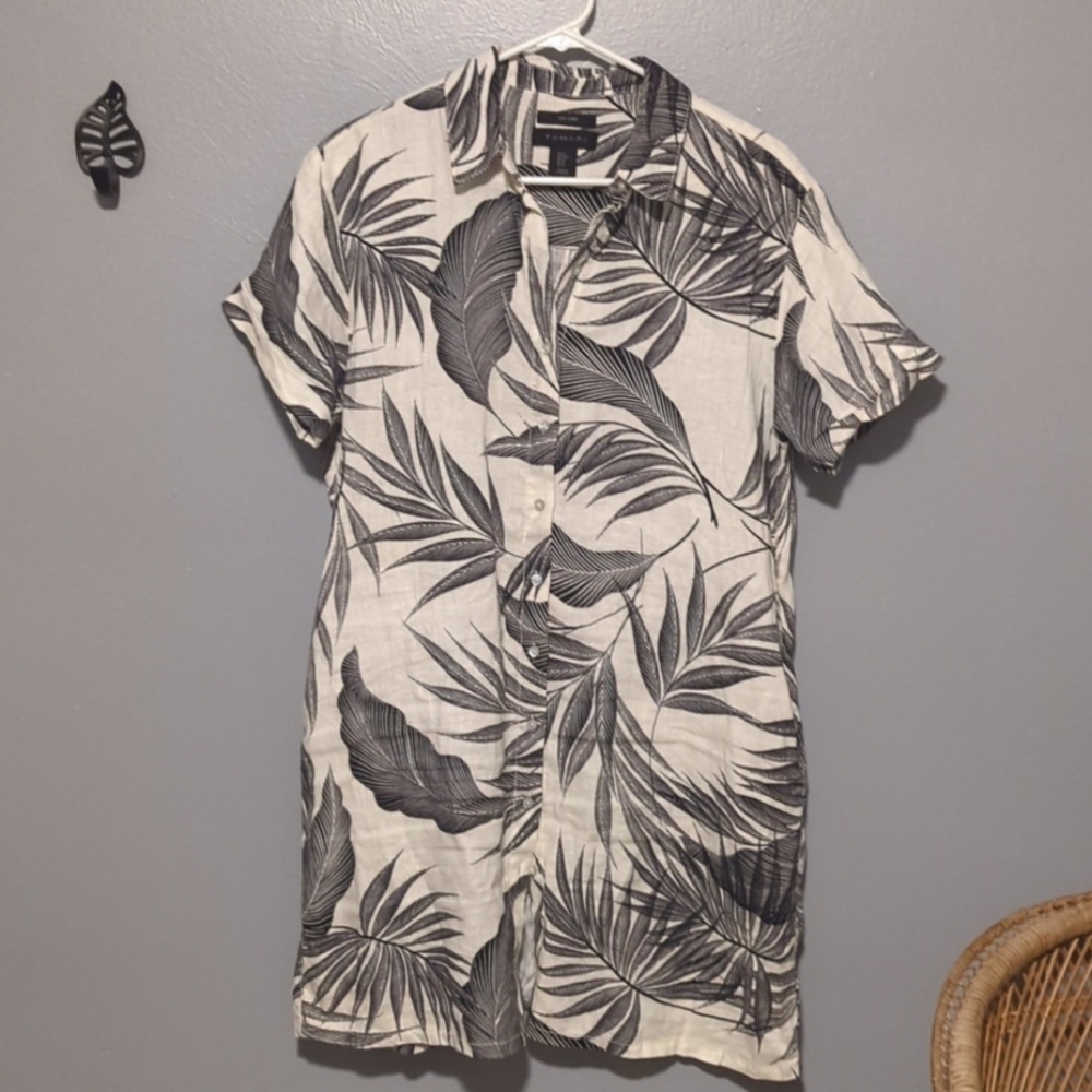 Tahari Linen Palm Leaf Print Shirt Dress Sz. Medium